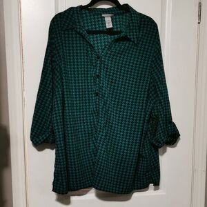 Catherines Teal and Black Houndstooth Blouse